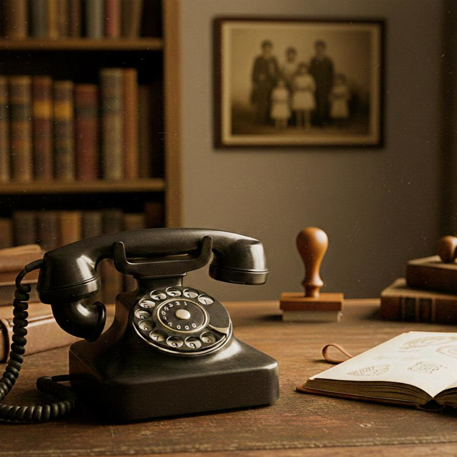 Stary telefon z tarczą numerową na dębowym biurku w Pracowni Tradicon, stylizowane zdjęcie retro