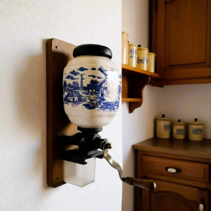 Zabytkowy młynek do kawy z ceramicznym zbiornikiem w niebieskie wzory, zawieszony na białej, chropowatej ścianie w tradycyjnej, drewnianej kuchni.