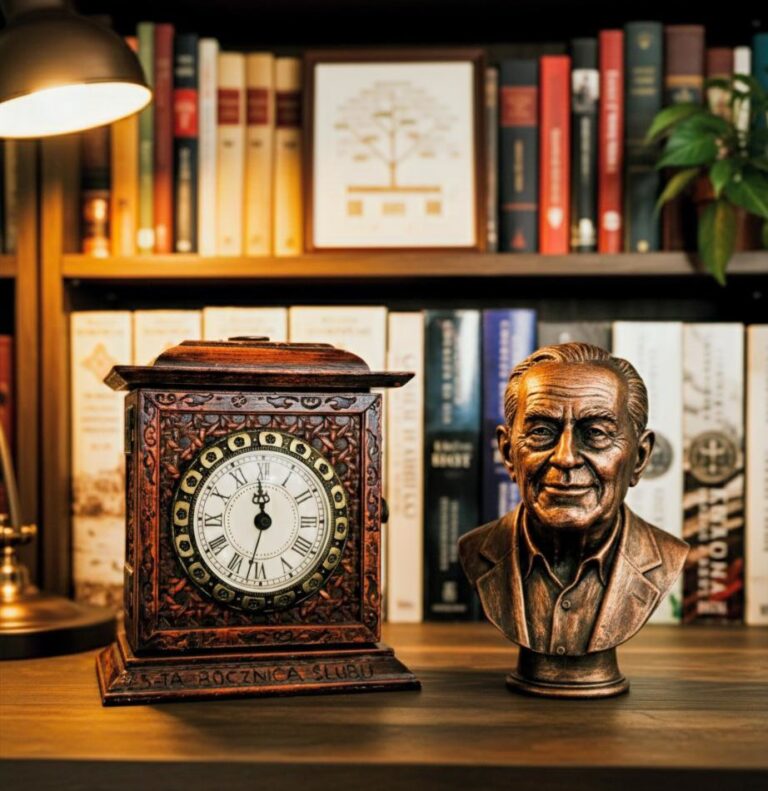 Drewniany zegar rzemieślniczy i popiersie mentora wykonane w 3D - Pracownia Pamięci Tradicon