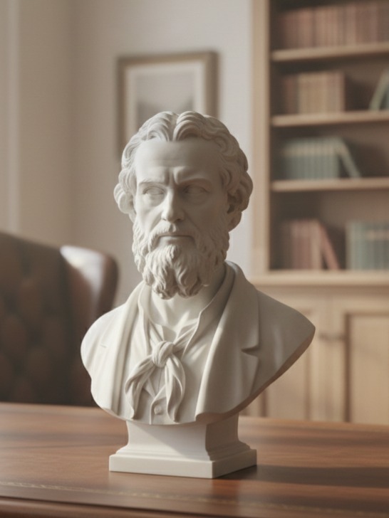 Zbliżenie na rzeźbę z wykończeniem marmurowym, przedstawiającą postać mentora, stylizacja gabinetowa.