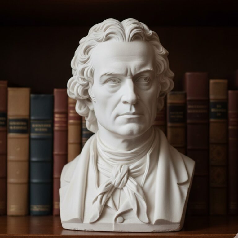 Klasyczne popiersie Izaaka Newtona wykonane z białej masy marmurowej na tle drewnianej biblioteczki - Tradicon.