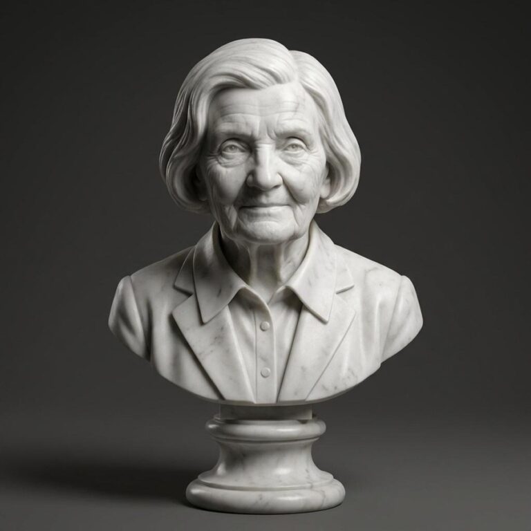 Artystyczne popiersie babci wykonane z białego marmuru. Realistycznie oddane rysy twarzy i pogodny wyraz, symbolizujące szacunek do historii rodzinnej i pamięć o przodkach. Rzeźba na eleganckim postumencie, oświetlenie studyjne na ciemnym tle.