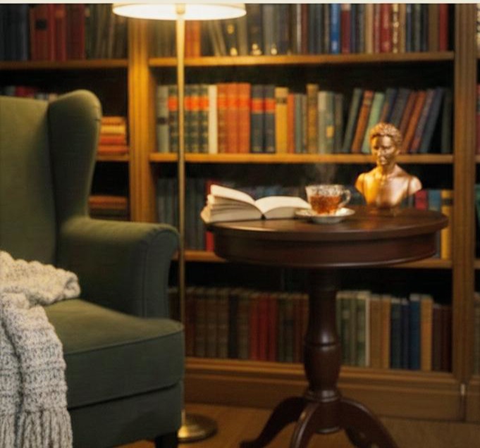 Przytulny kącik czytelniczy z zielonym fotelem, wełnianym kocem i stolikiem z parującą herbatą. W tle wysoki regał wypełniony starymi księgami, a wśród nich, w centralnym punkcie, subtelnie oświetlone klasyczne popiersie.