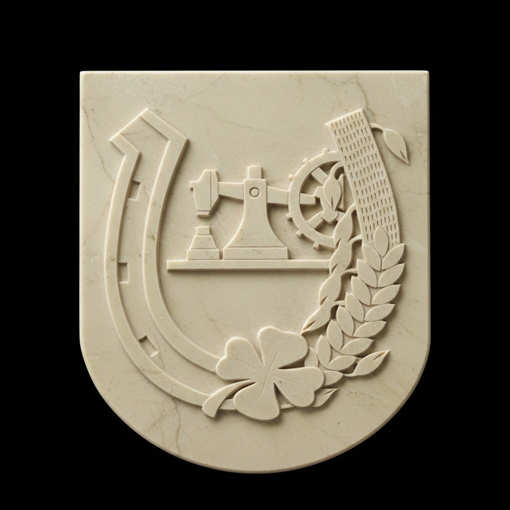 Trójwymiarowy herb wiejski wykonany w jednolitym marmurze o odcieniu ecru, zaprezentowany na głębokim, czarnym tle. Rzeźba ma klasyczny kształt tarczy herbowej, na której widnieją wypukłe detale: podkowa, kłosy zboża oraz kowadło (symbolika Kuźni). Całość charakteryzuje się matowym wykończeniem i subtelnym żyłkowaniem kamienia.