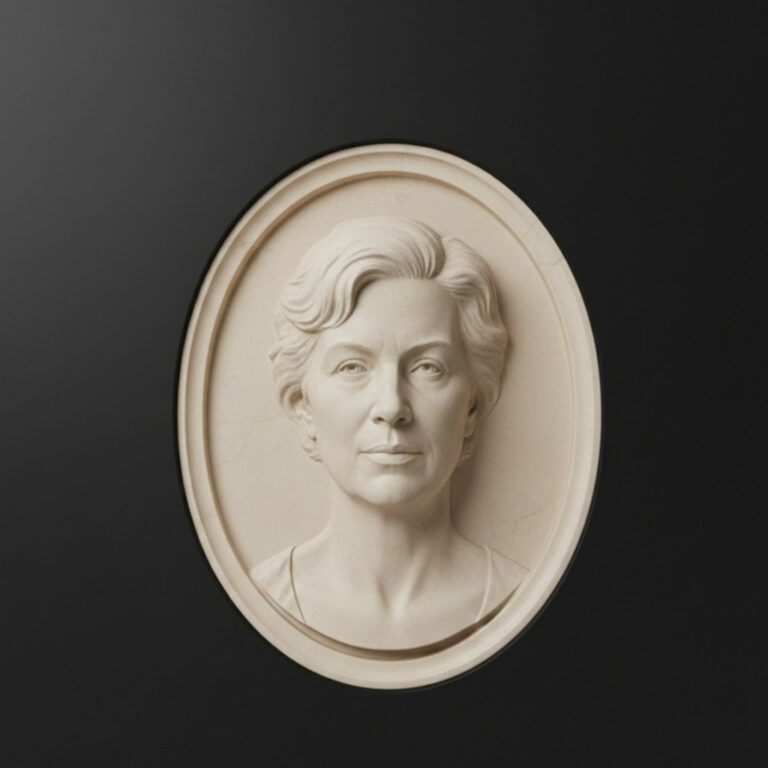 Marmurowy medalion nagrobny, płaskorzeźba portretowa w owalu. Jasny marmur ecru, czarne tło. Personalizowana tablica upamiętniająca, wykończenie rzeźbiarskie premium