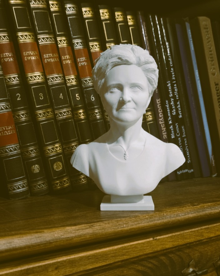 Popiersie na zamówienie w domowej bibliotece. Wykończenie marmur ecru, rzeźba 3D z fotografii. Pamiątkowe popiersie portretowe Tradicon na tle książek.