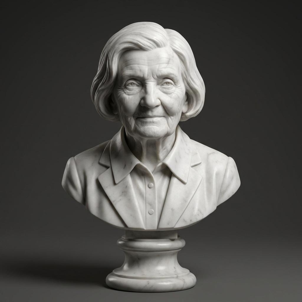 Artystyczne popiersie przedstawiające dojrzałą kobietę, wykonane z jasnego marmuru o delikatnym żyłkowaniu w odcieniu ecru. Rzeźba charakteryzuje się realistycznymi detalami twarzy i matowym wykończeniem, umieszczona na solidnej podstawie z tego samego materiału. Całość zaprezentowana na jednolitym, ciemnym tle.