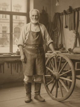 Polski rzemieślnik kołodziej przy pracy.