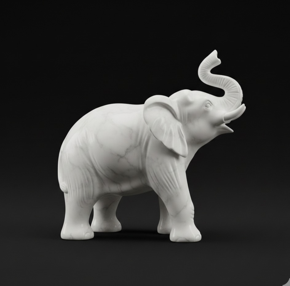 Figurka słonia z białego marmuru, detal gabinetowy 3D. Ekskluzywne trofeum i ozdoba na biurko w stylistyce muzealnej. Realizacja rzeźbiarska Tradicon, linia marmurowa