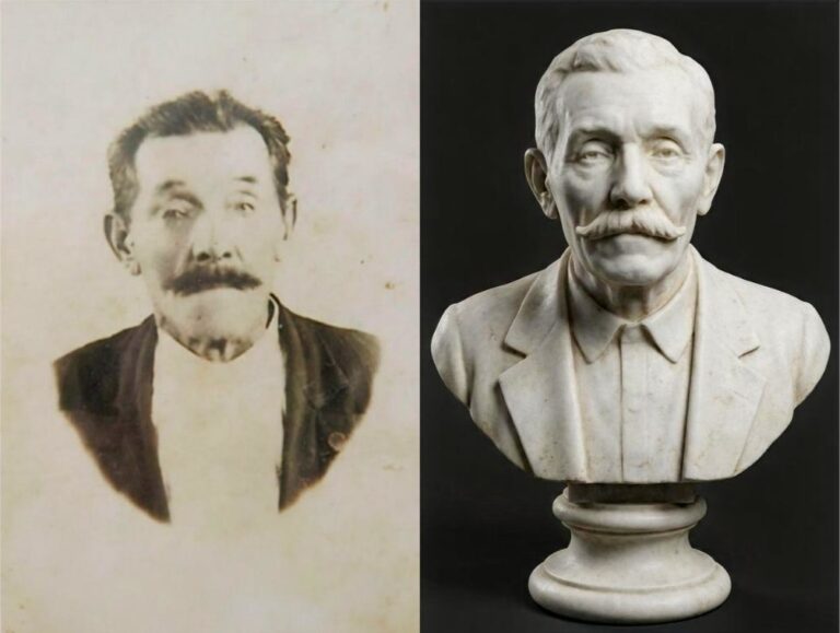 Zestawienie starej, archiwalnej fotografii mężczyzny z nowoczesnym popiersiem 3D wykonanym w białym marmurze przez Tradicon. Precyzyjne odwzorowanie rysów twarzy i detali postaci w formie rzeźbiarskiej.