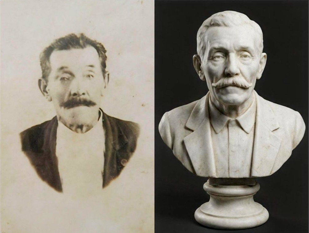 Zestawienie starej, archiwalnej fotografii mężczyzny z nowoczesnym popiersiem 3D wykonanym w białym marmurze przez Tradicon. Precyzyjne odwzorowanie rysów twarzy i detali postaci w formie rzeźbiarskiej.