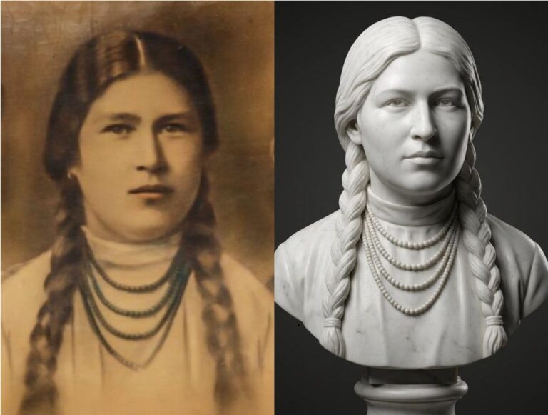 Zdjęcie oraz wizualizacja nowoczesnego popiersia w białym klasycznym wykończeniu Tradicon. Kobieta z dwoma warkoczami i koralami.