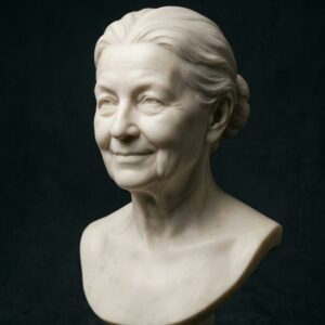 Klasyczne popiersie starszej kobiety o łagodnych rysach i lekkim uśmiechu, wykonane w gładkiej antycznej bieli przypominającej marmur. Rzeźba umieszczona na ciemnym, jednolitym tle, prezentująca wysoką jakość detali i muzealny charakter pamiątki rodzinnej Tradicon.