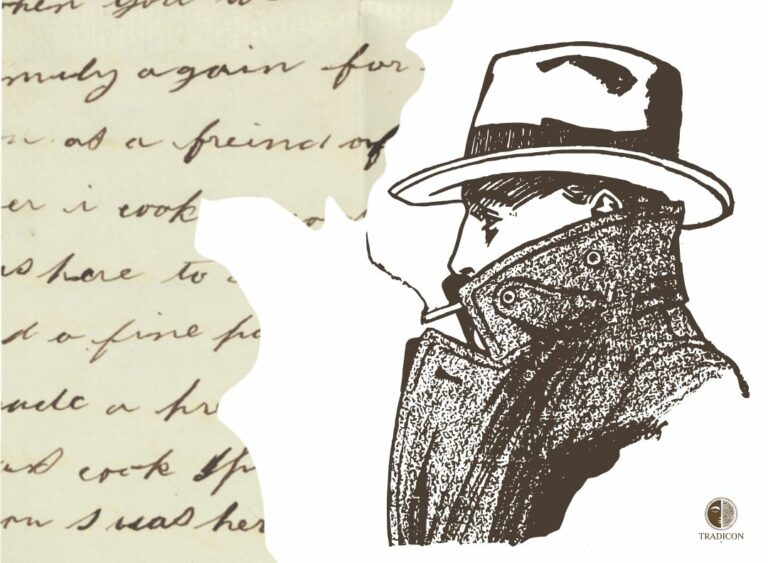 Grafika w stylu retro przedstawiająca postać detektywa w kapeluszu i płaszczu na tle starego, pożółkłego listu z odręcznym pismem oraz logo Tradicon.