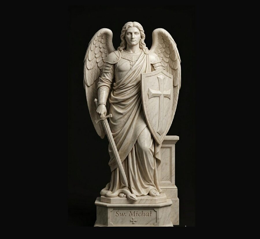 Rzeźba przedstawiająca postać Świętego Michała Archanioła z atrubutami mieczem i tarczą, w dostojnej pozie.