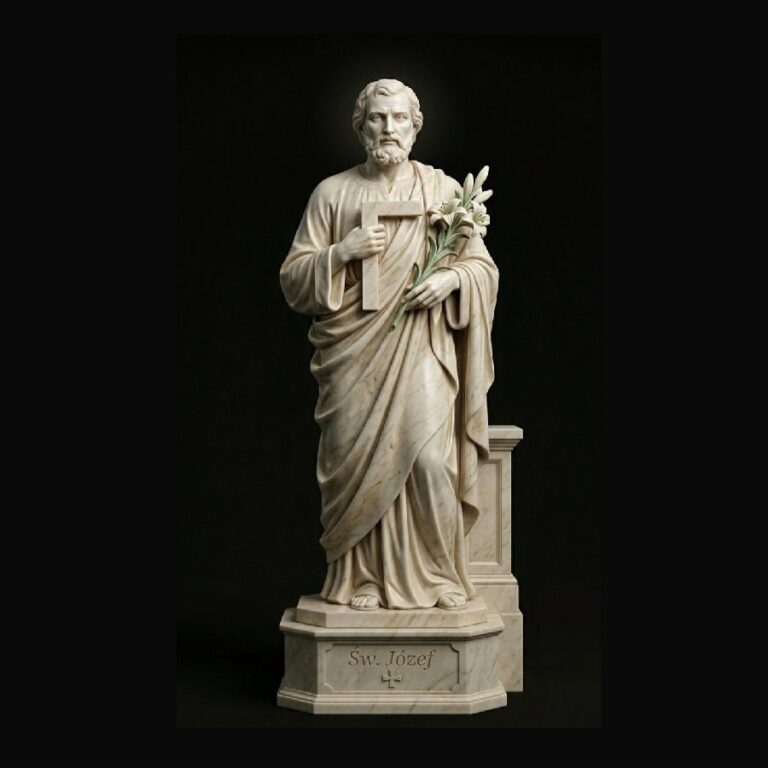 Święty Józef na ciemnym tle, trzymający w rękach drewniany kątomierz ciesielski oraz gałązkę białej lilii.