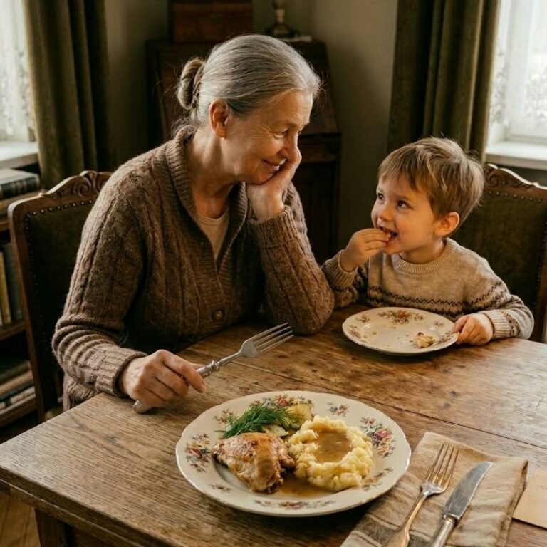 Starsza kobieta (babcia) z siwym kokiem siedzi przy dębowym stole w rustykalnym wnętrzu, z czułością i uśmiechem patrząc na małego wnuka jedzącego obiad. Na stole talerz z ziemniakami i mięsem, w tle biblioteczka i okno, ciepła kolorystyka beżu i brązu.